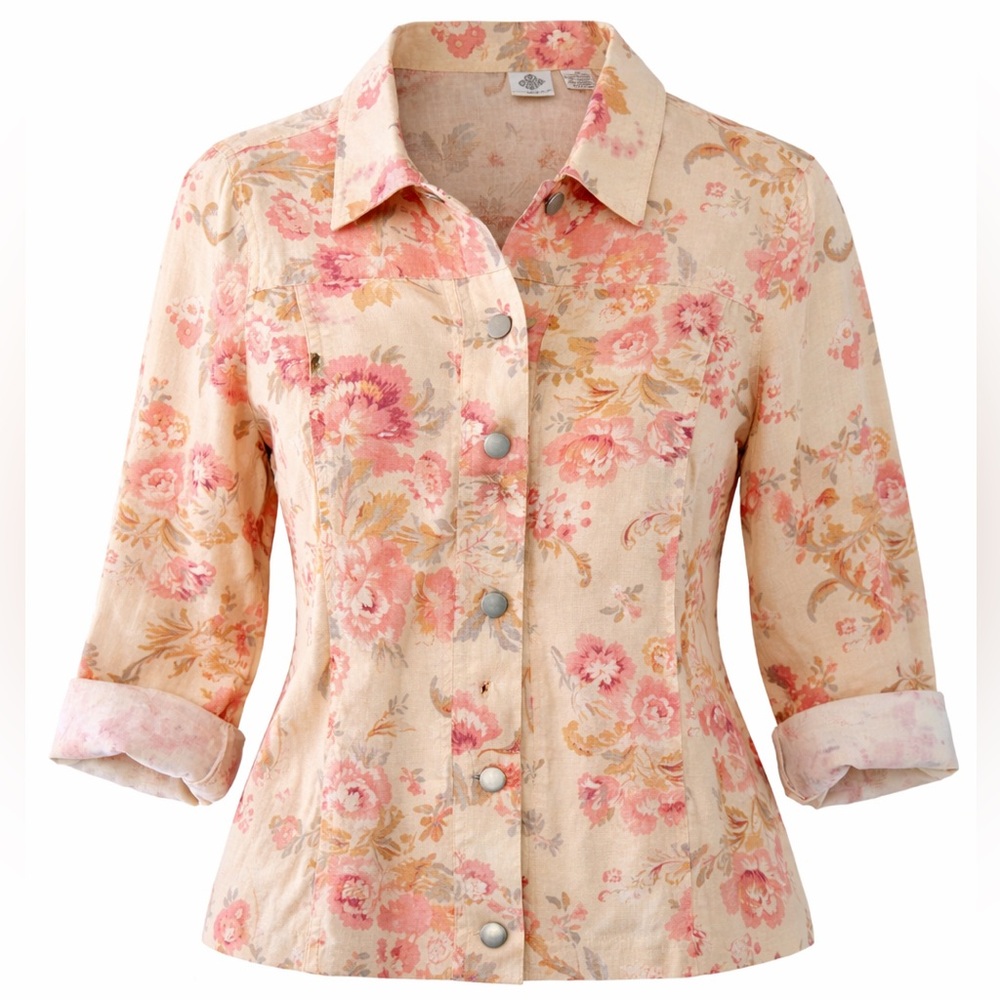 Mandarin Blue Pink Beige 100% Linen Button-Up Lightweight Jacket, Size XL